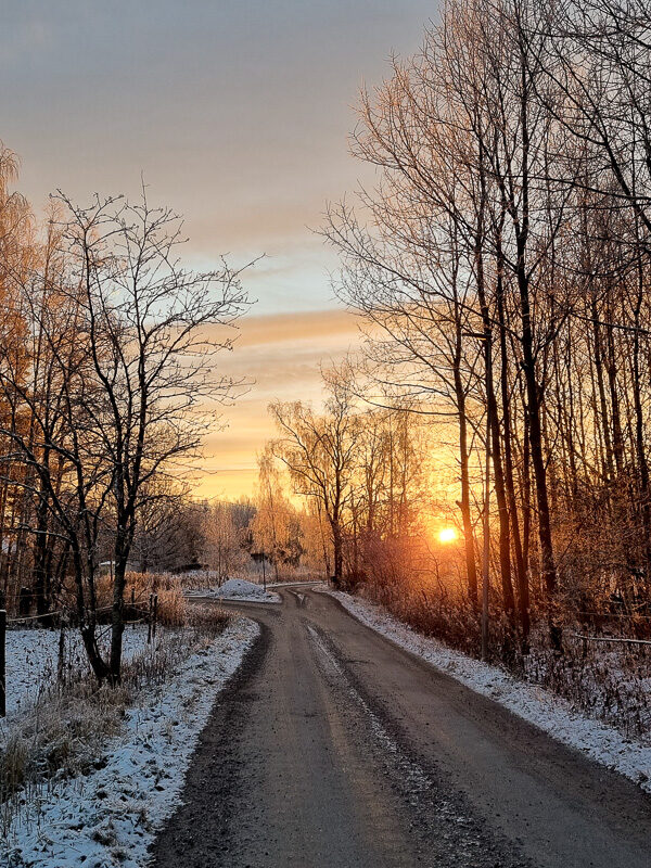 En grusvägskorsning med ett tunt snötäcke en morgon i december. I horisonten en brinnande, gul soluppgång